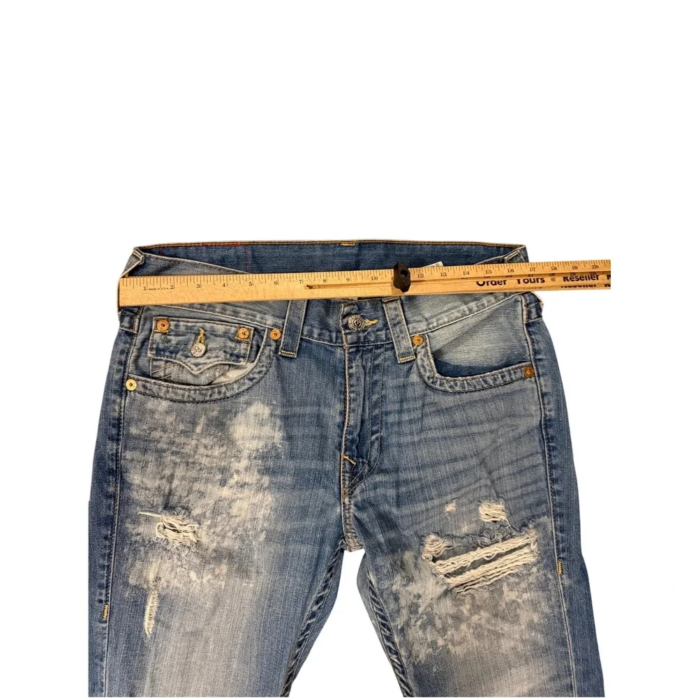 True Religion Skinny Flap Jeans Mens 33 Blue Distressed Bleached Splatter